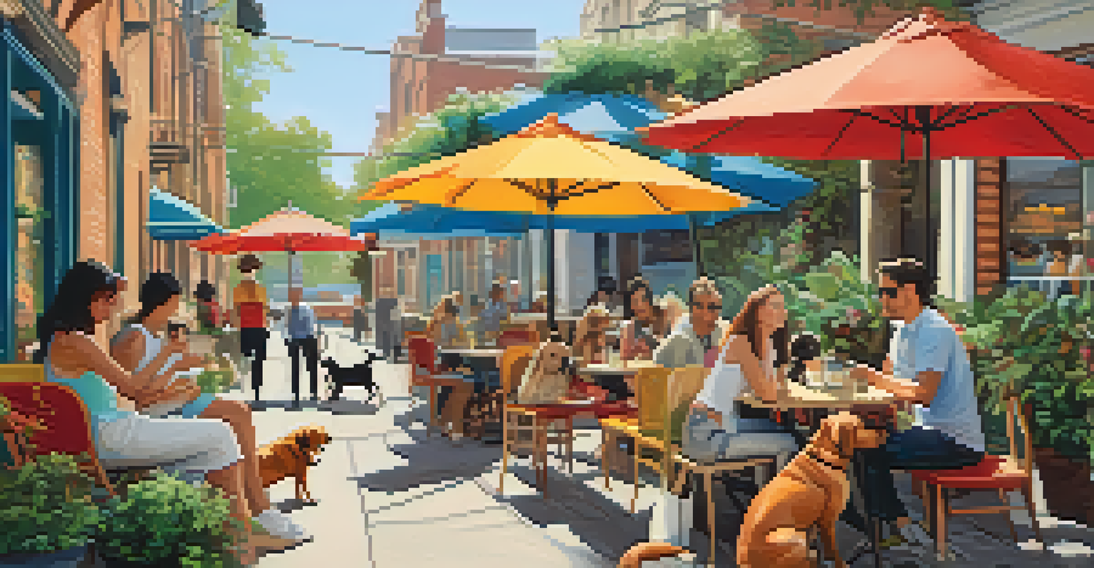 An outdoor cafe with dogs playing and owners enjoying food and drinks, colorful umbrellas and greenery around.