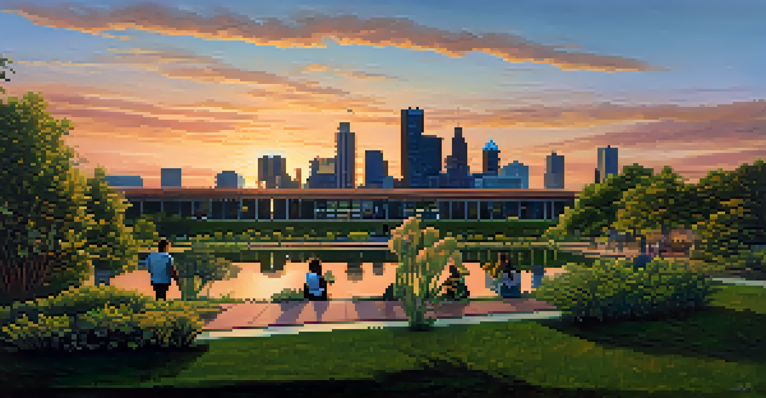 A peaceful urban landscape of Detroit with a park featuring Indigenous people sharing stories in the foreground and the city skyline in the background during sunset.