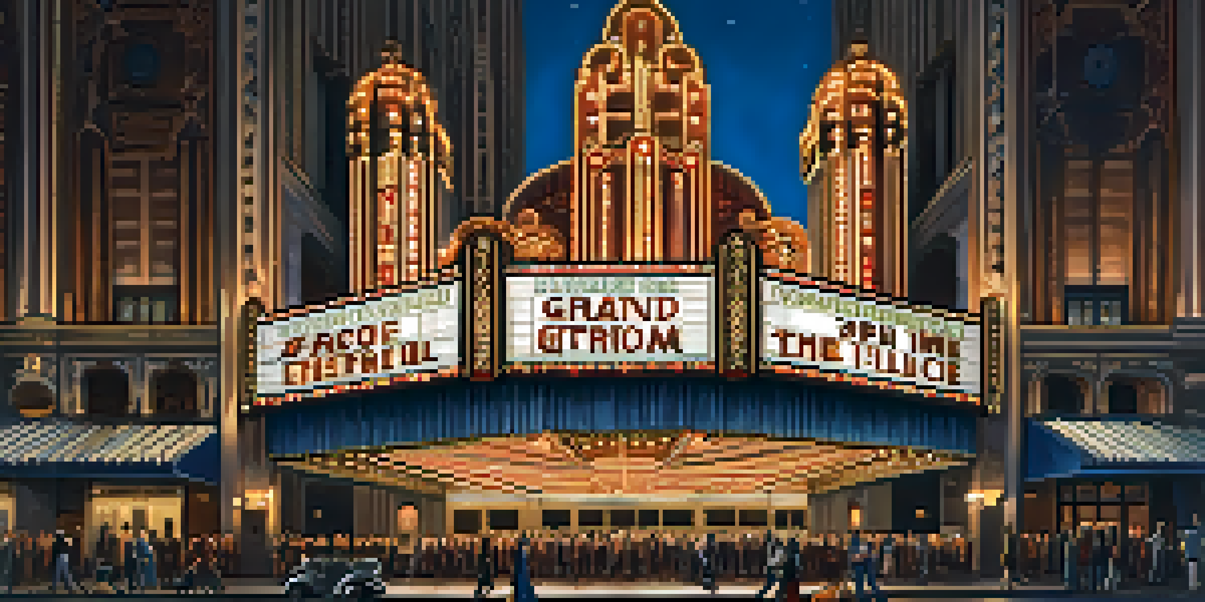 A view of Fox Theatre with its illuminated Art Deco facade and marquee, filled with theatergoers.