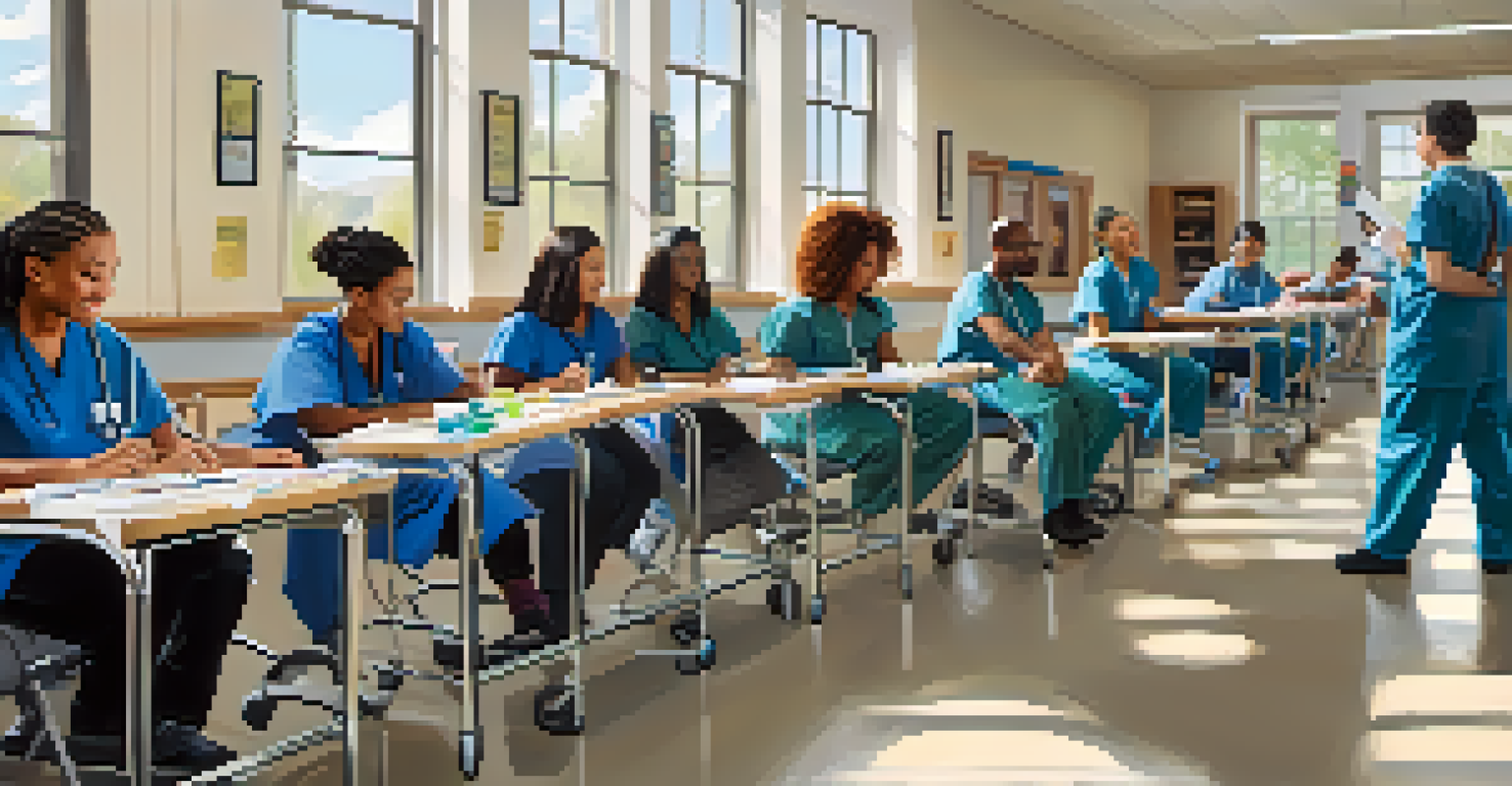 An adult education classroom with diverse learners participating in a healthcare training session, with medical equipment visible.