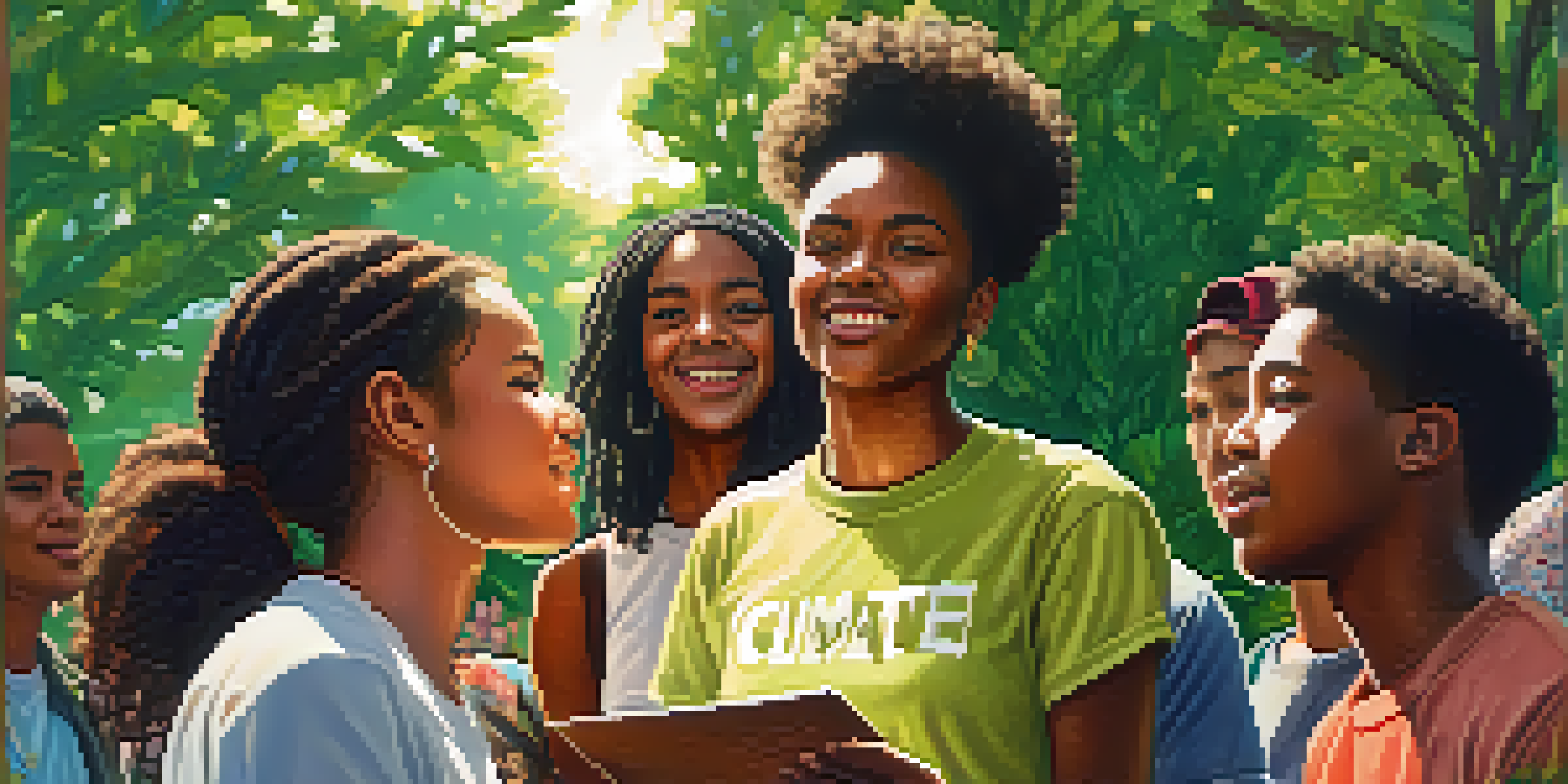 A diverse group of young activists in a park discussing climate justice, holding signs, with sunlight filtering through the trees.