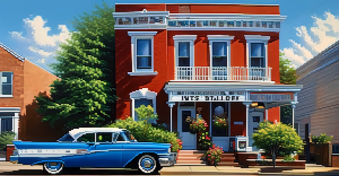 A small house that serves as the headquarters of Motown, surrounded by green plants and a clear blue sky.