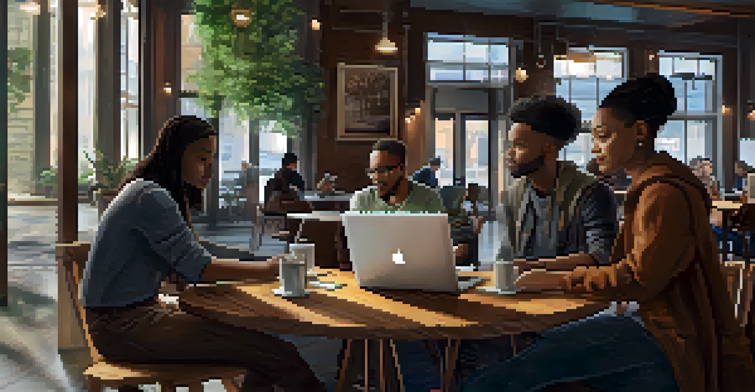 Residents sharing stories in a cozy café in Detroit, using laptops and tablets, with warm lighting and rich wooden textures.