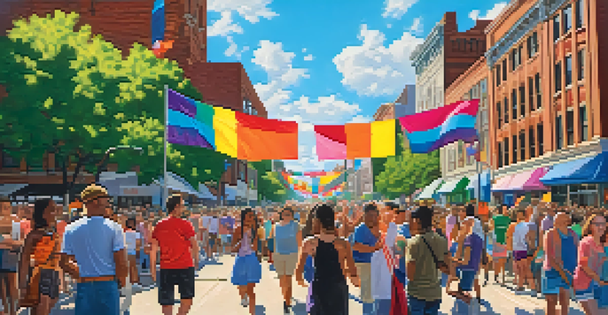 A lively street scene during Detroit's Pride Festival, with colorful flags and diverse people celebrating together.