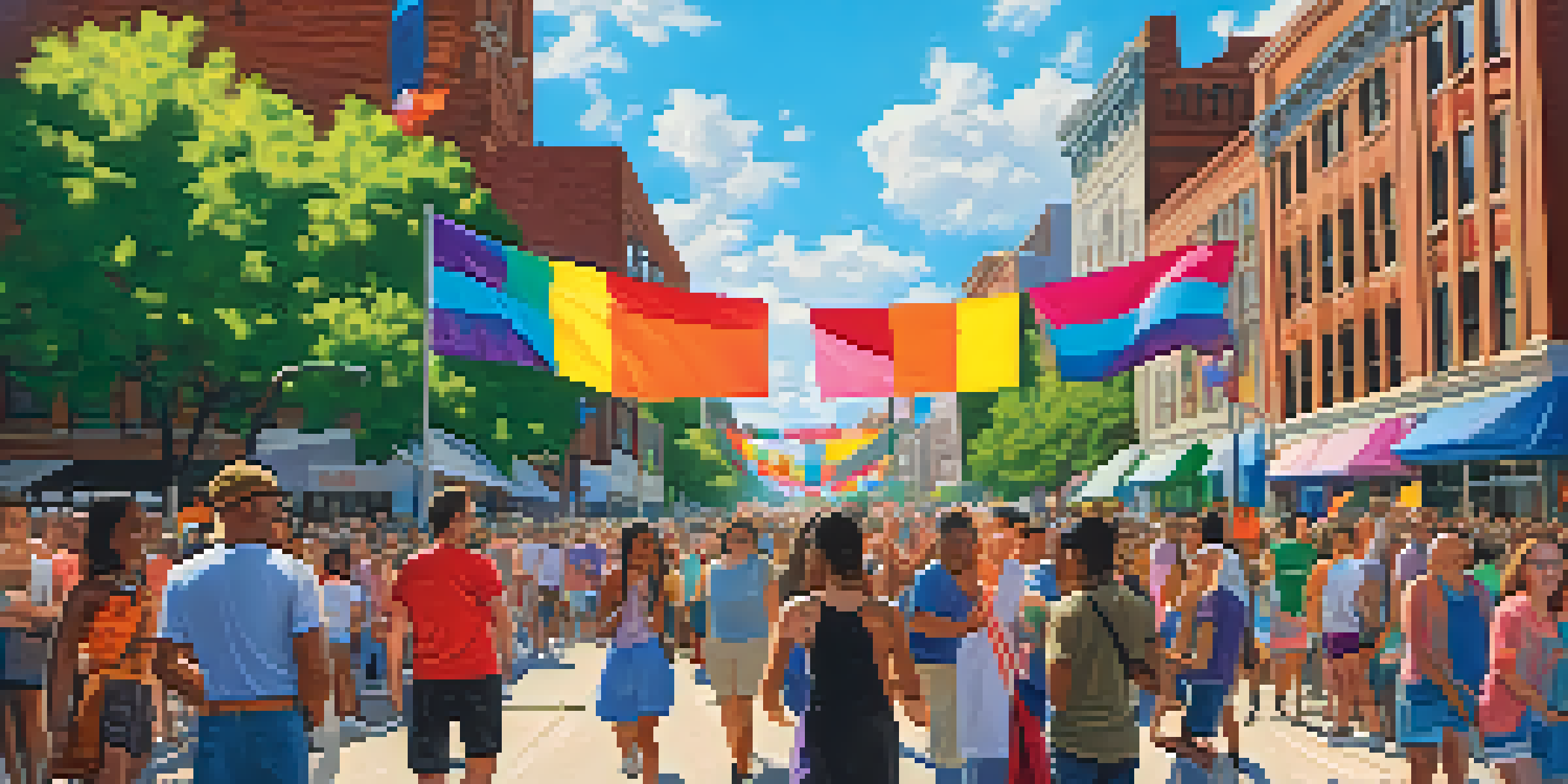 A lively street scene during Detroit's Pride Festival, with colorful flags and diverse people celebrating together.