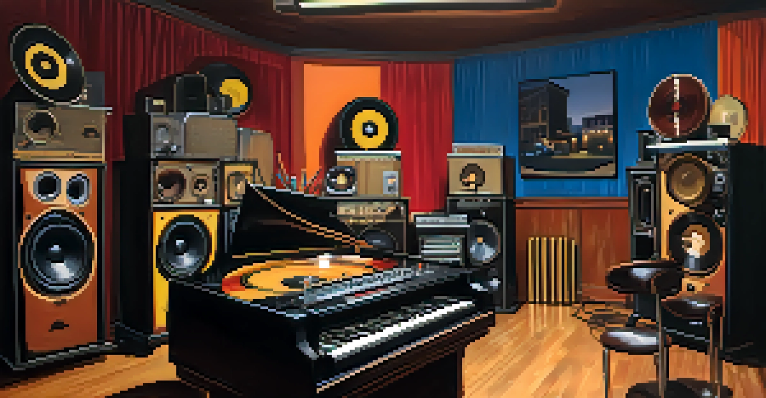 An artistic view of a vintage Motown recording studio with musical equipment and colorful vinyl records, showcasing musicians collaborating in a warm, nostalgic atmosphere.