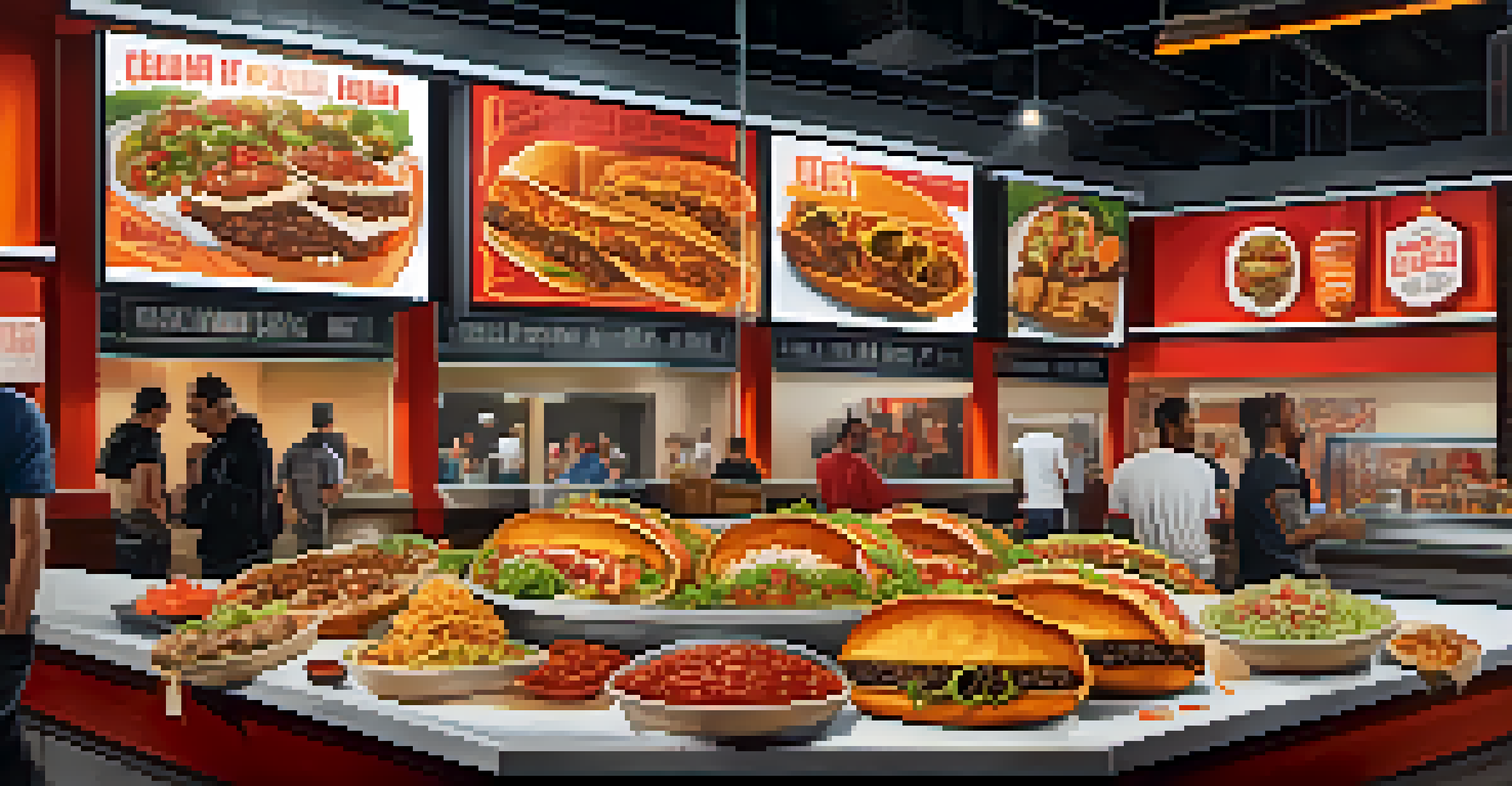 Close-up of diverse food options at a concession stand in Little Caesars Arena, including tacos and pizza, with fans enjoying their meals.