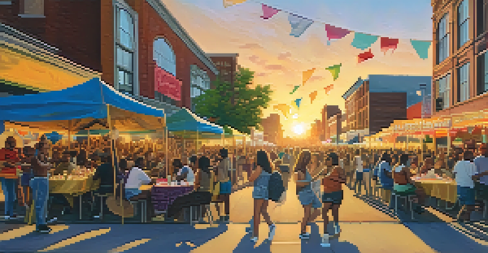 A lively outdoor music festival in Detroit with diverse musicians performing on stage, surrounded by a colorful crowd and warm sunset lighting.