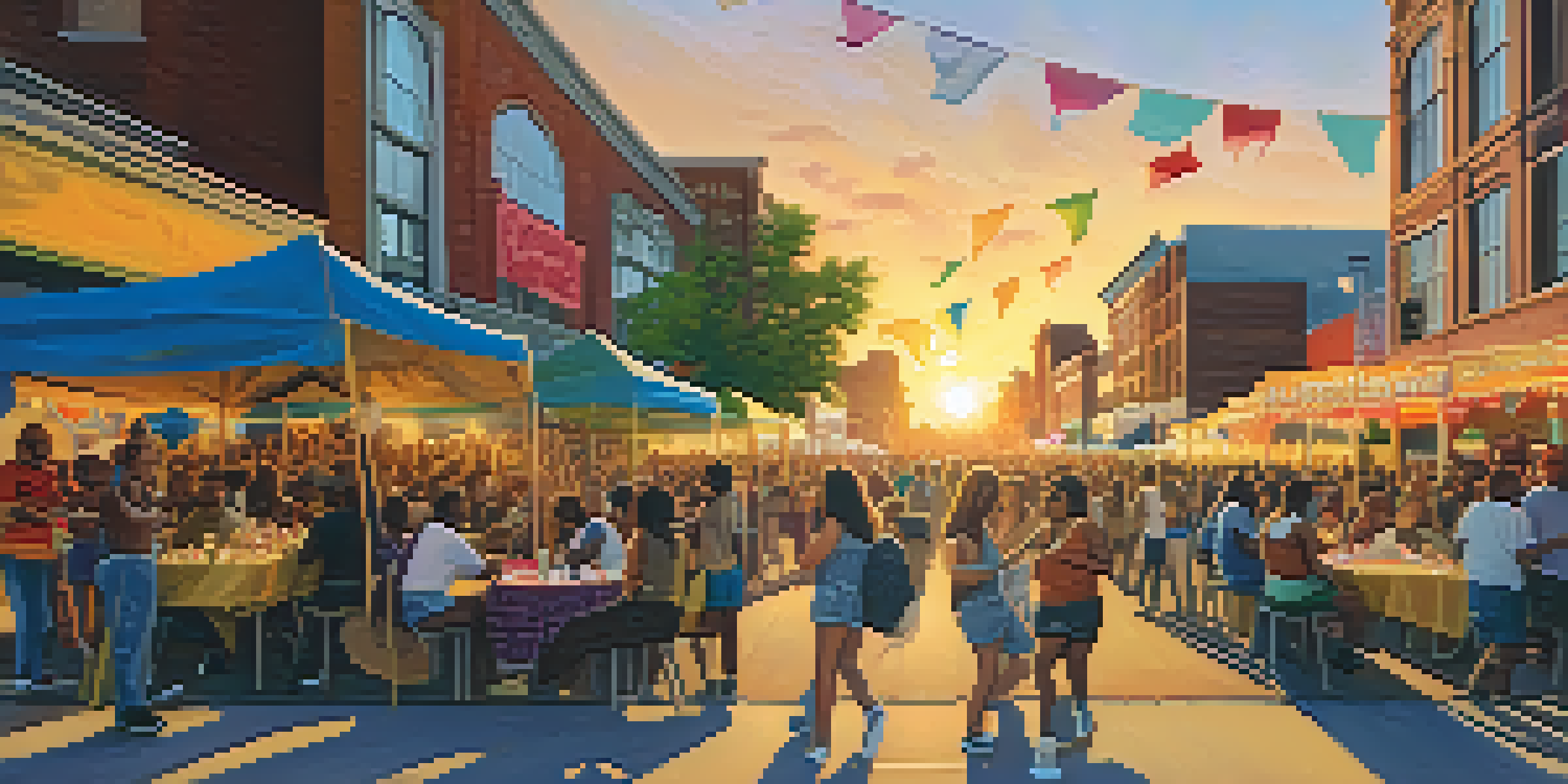 A lively outdoor music festival in Detroit with diverse musicians performing on stage, surrounded by a colorful crowd and warm sunset lighting.