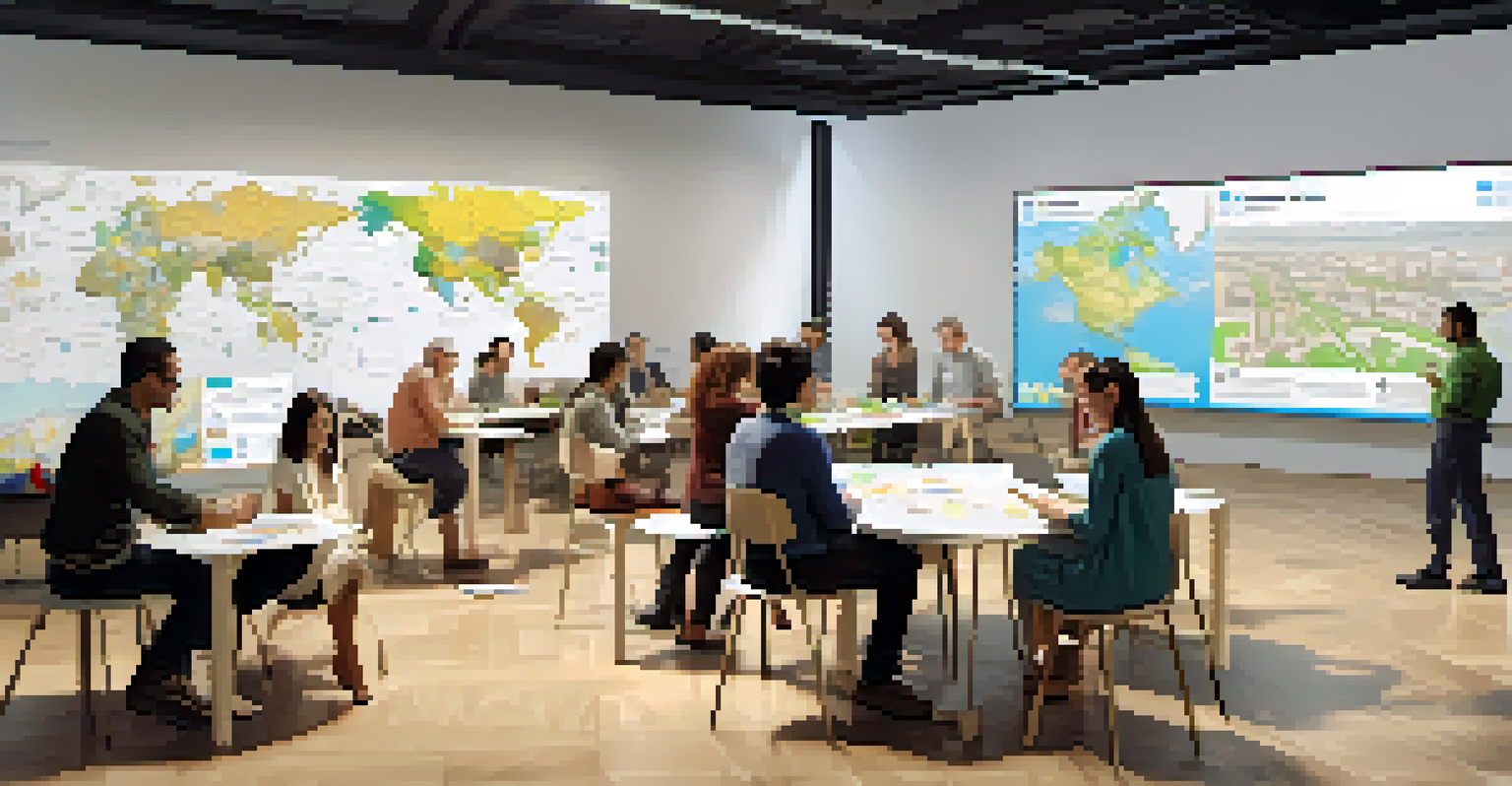 A community workshop with residents discussing urban development over a large map and using tablets.