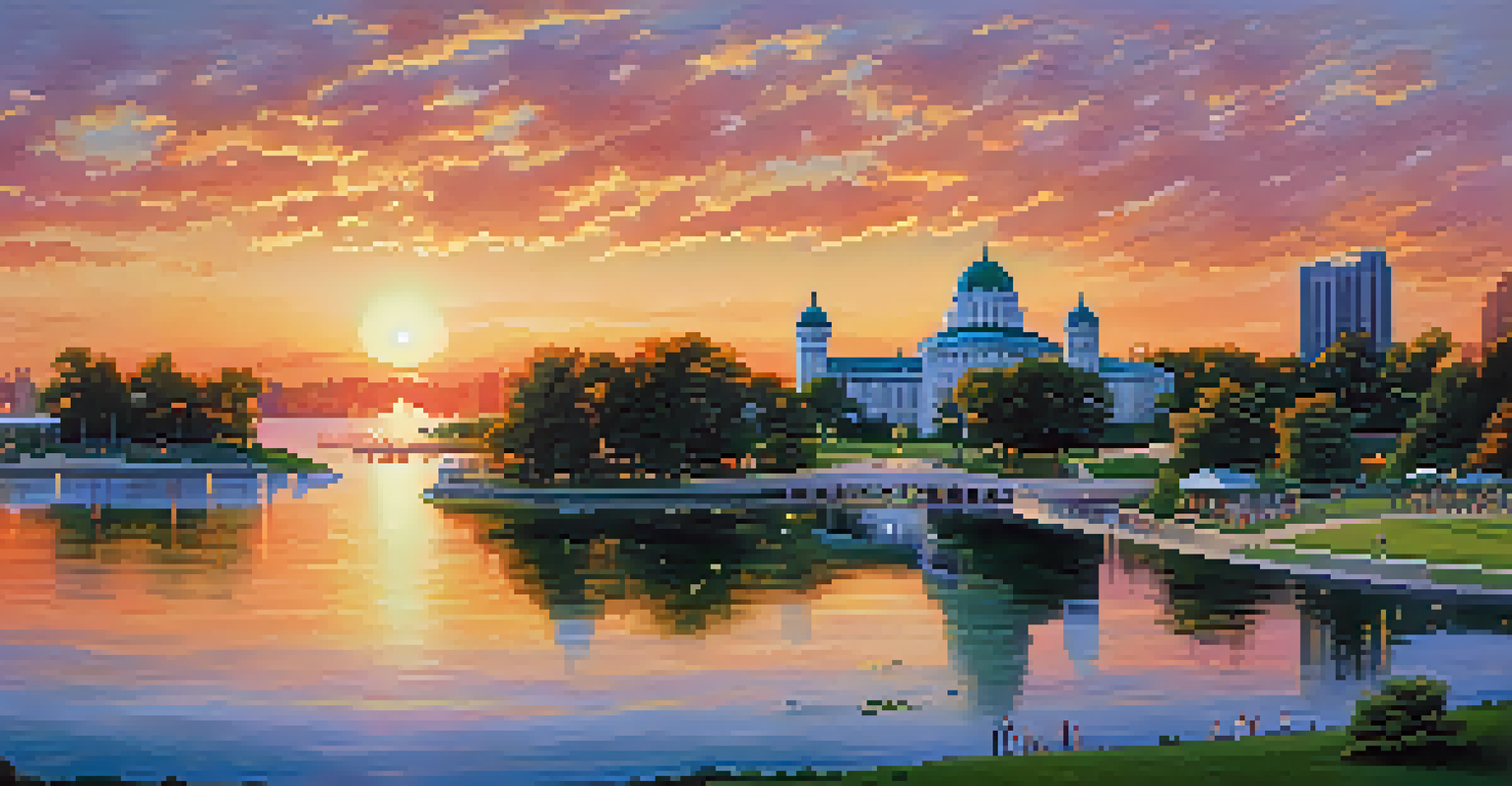 A panoramic view of Belle Isle Park at sunset, showcasing the Detroit River, lush greenery, and historic structures with people enjoying the outdoors.