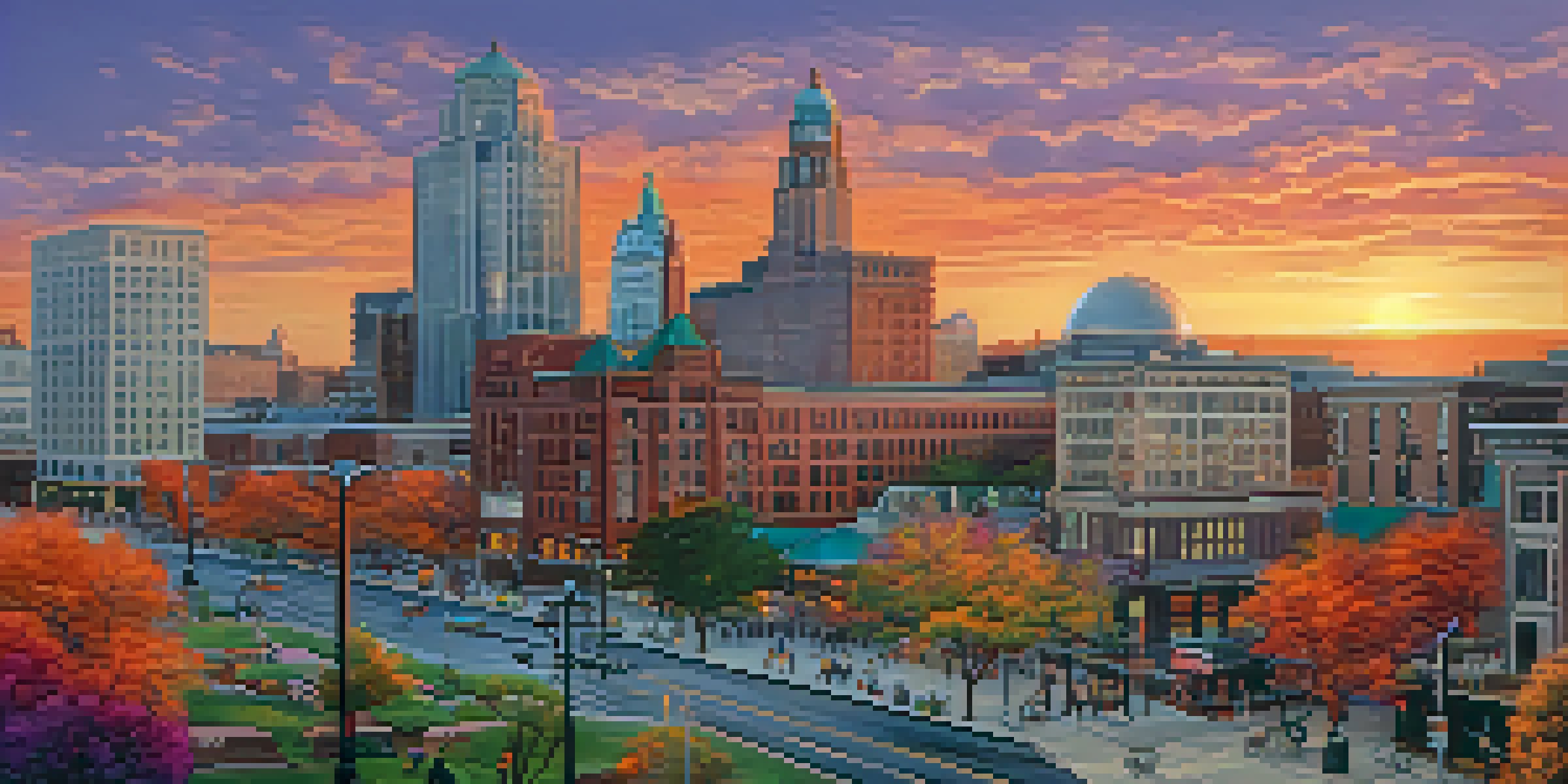 A sunset view of Detroit's skyline with people actively engaging in community activities on a lively street.