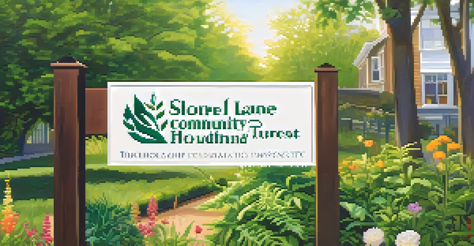A close-up of a community land trust sign in a garden area, surrounded by plants and flowers.