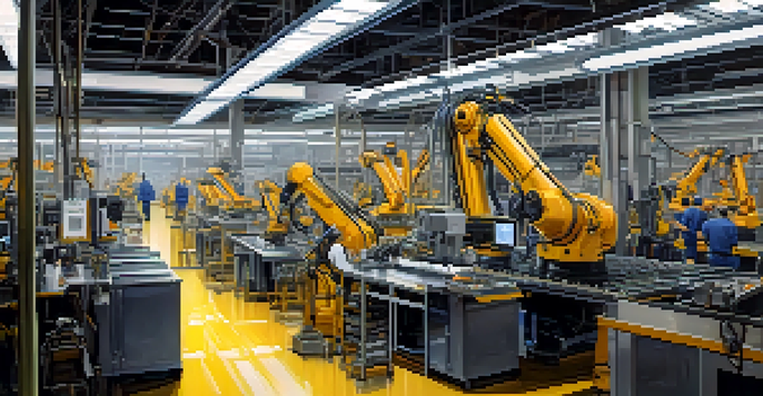 A modern manufacturing plant in Detroit with workers and advanced robotics, highlighting collaboration and technology in production.