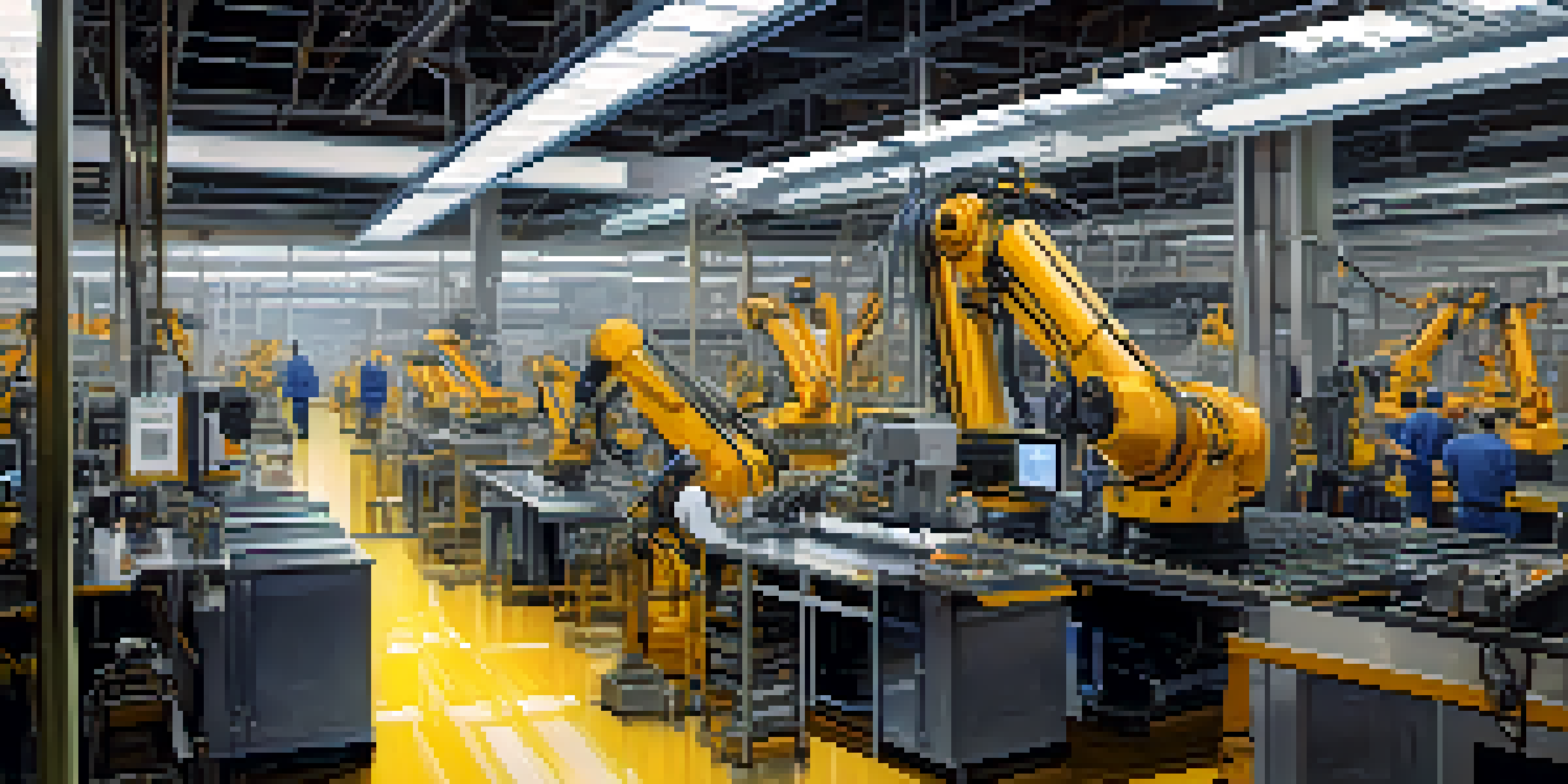 A modern manufacturing plant in Detroit with workers and advanced robotics, highlighting collaboration and technology in production.