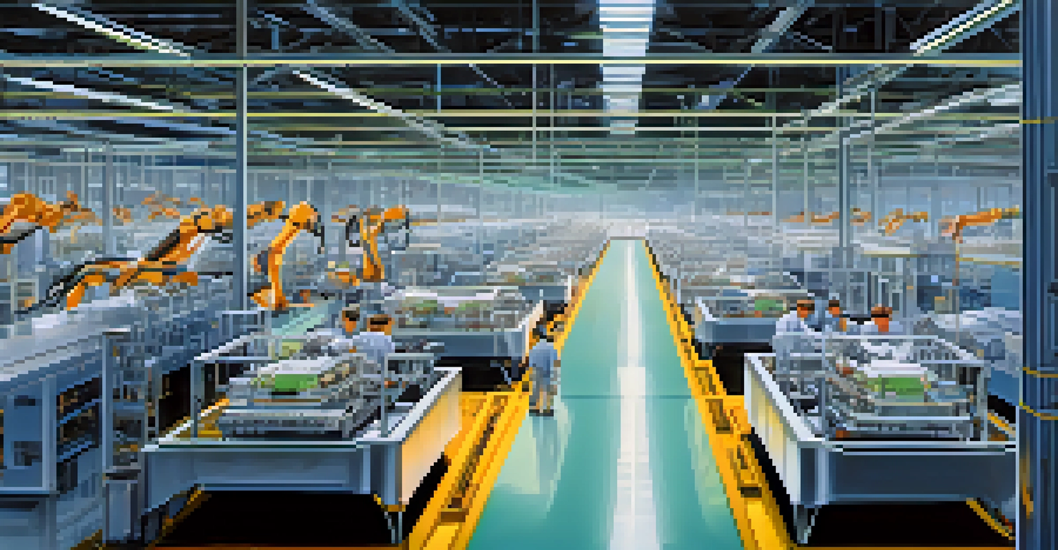 A modern automotive factory interior with robots and workers, highlighting advanced assembly lines and car models in production.