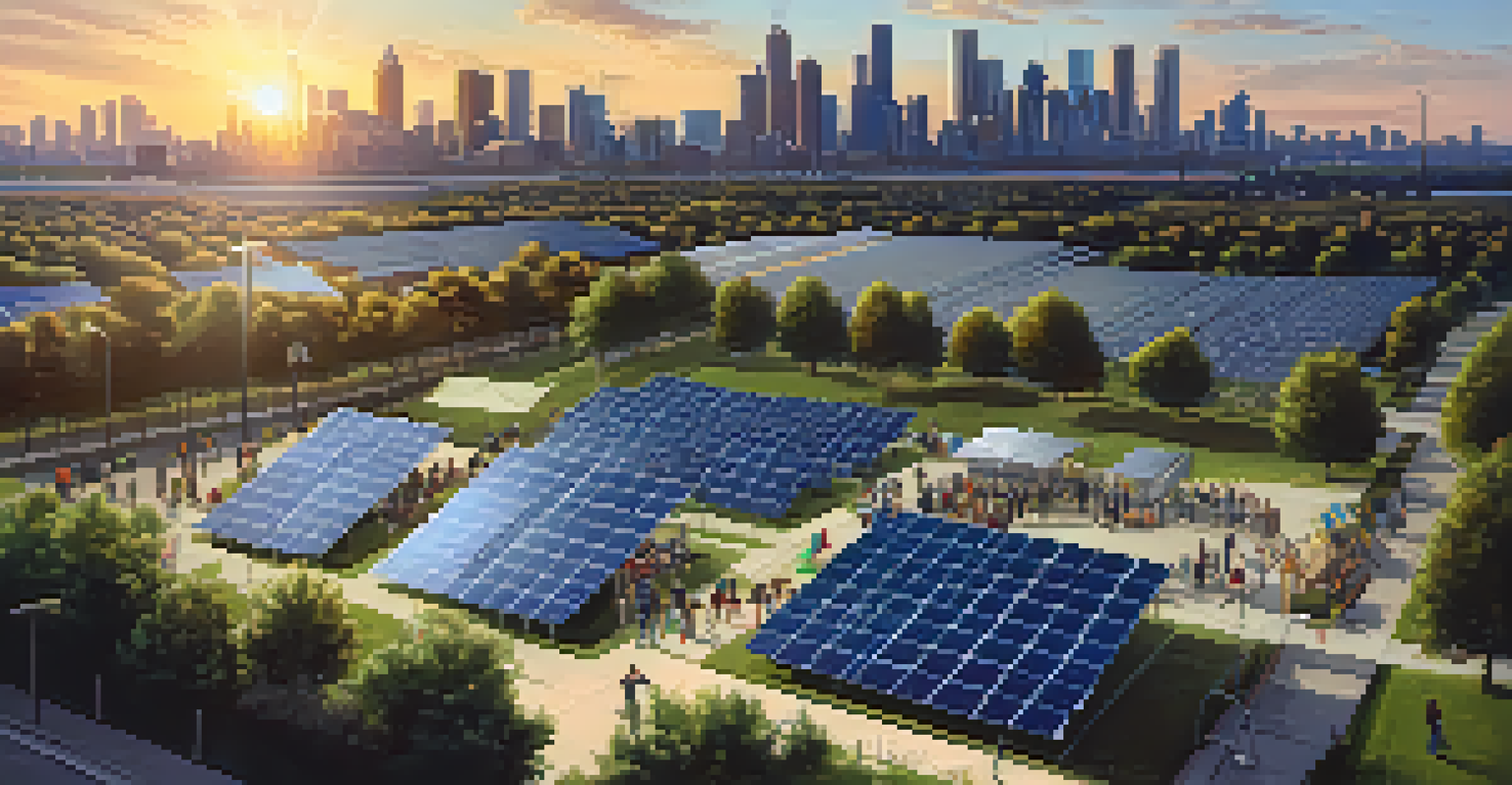 An aerial view of a community solar project with solar panels and residents attending a workshop, set against the Detroit skyline at sunset.