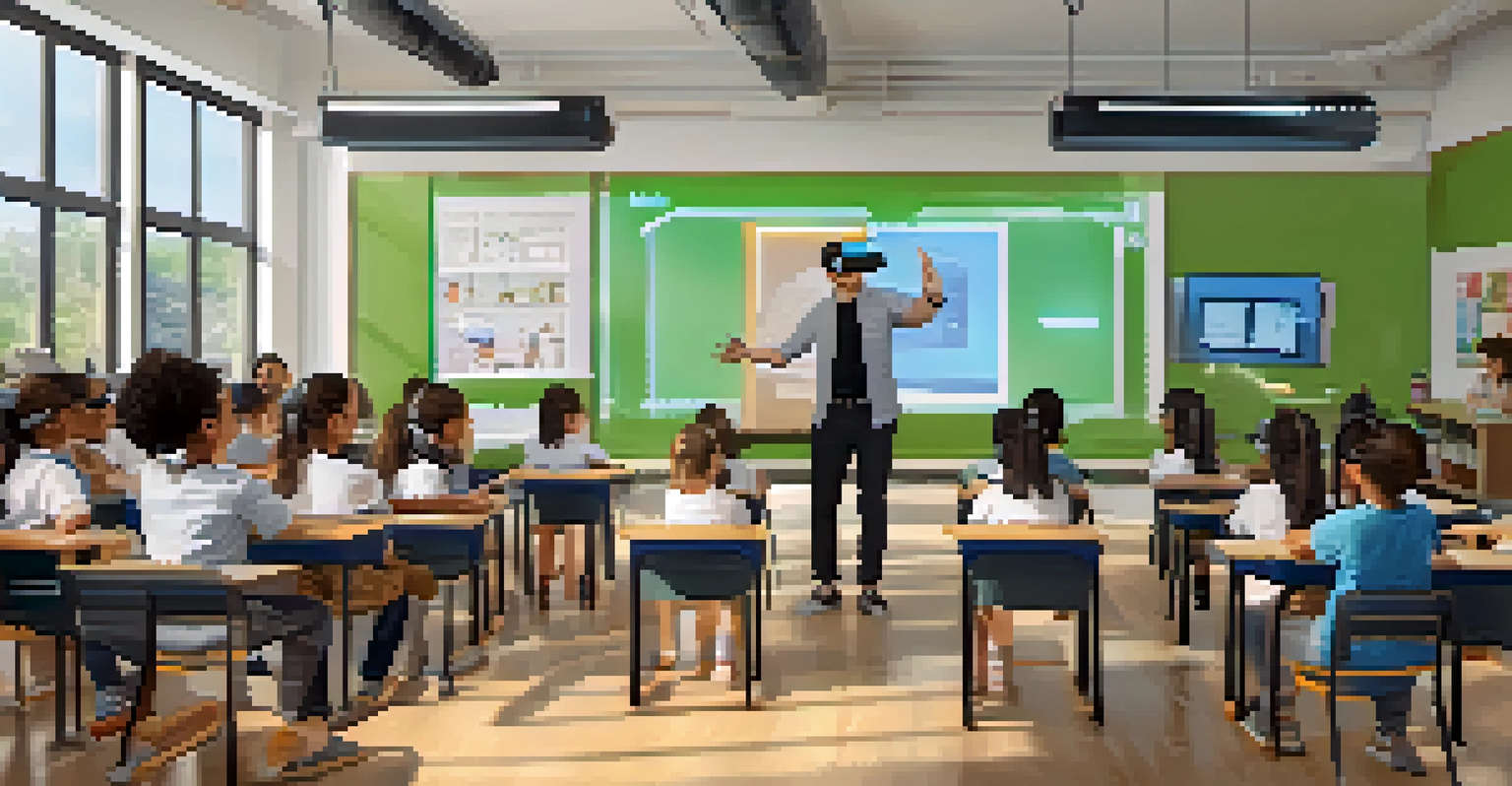 A teacher assisting students using virtual reality headsets in a modern classroom filled with advanced technology.