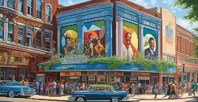 Colorful mural on a theater wall in Detroit, showcasing theater history with greenery and sunlight.