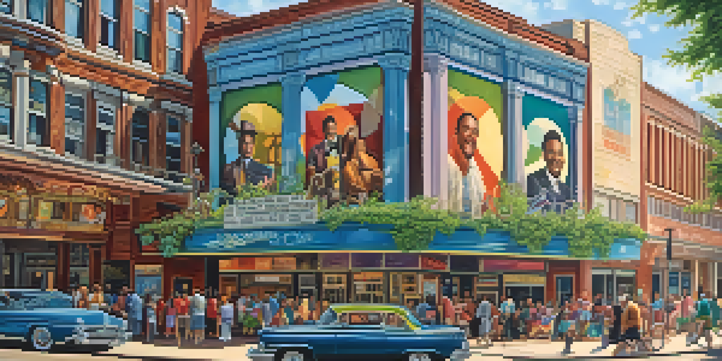 Colorful mural on a theater wall in Detroit, showcasing theater history with greenery and sunlight.