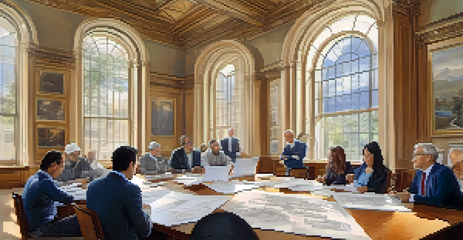 A public-private partnership meeting focused on restoring a historic site, featuring blueprints and engaged individuals.