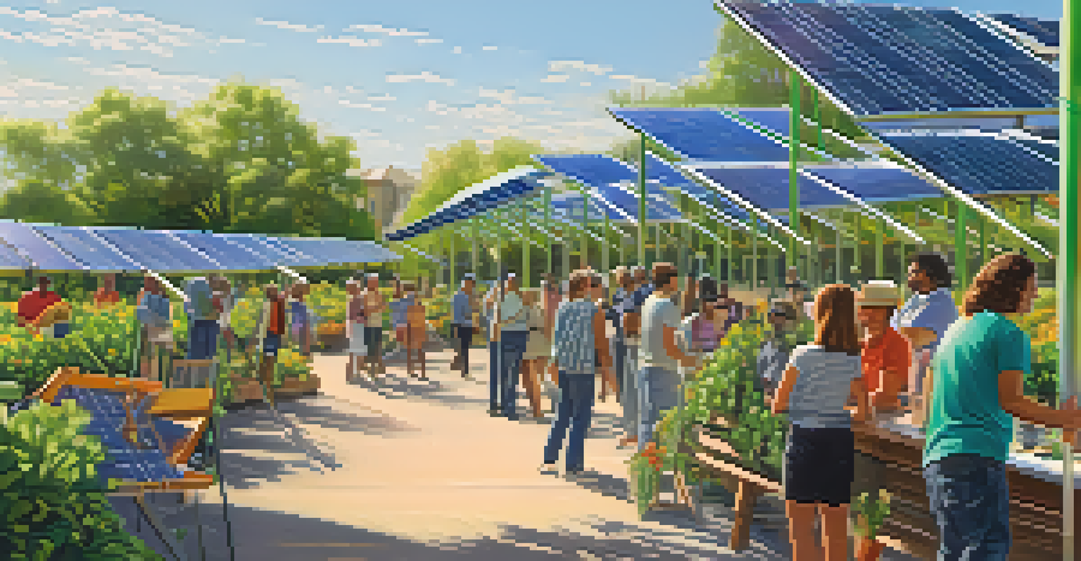 Residents participating in a community solar garden, with solar panels and vibrant plants, under a sunny sky.
