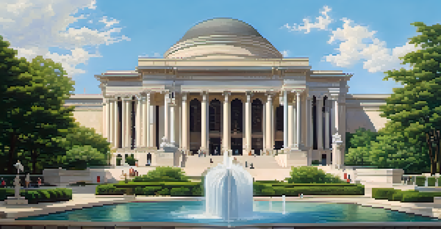 The grand entrance of the Detroit Institute of Arts with lush greenery and a fountain, showcasing its architectural beauty against a clear blue sky.