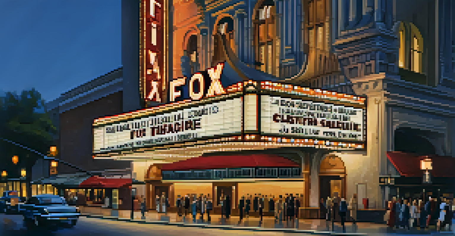 Exterior view of the Fox Theatre at dusk, showcasing its illuminated marquee and lively street scene.
