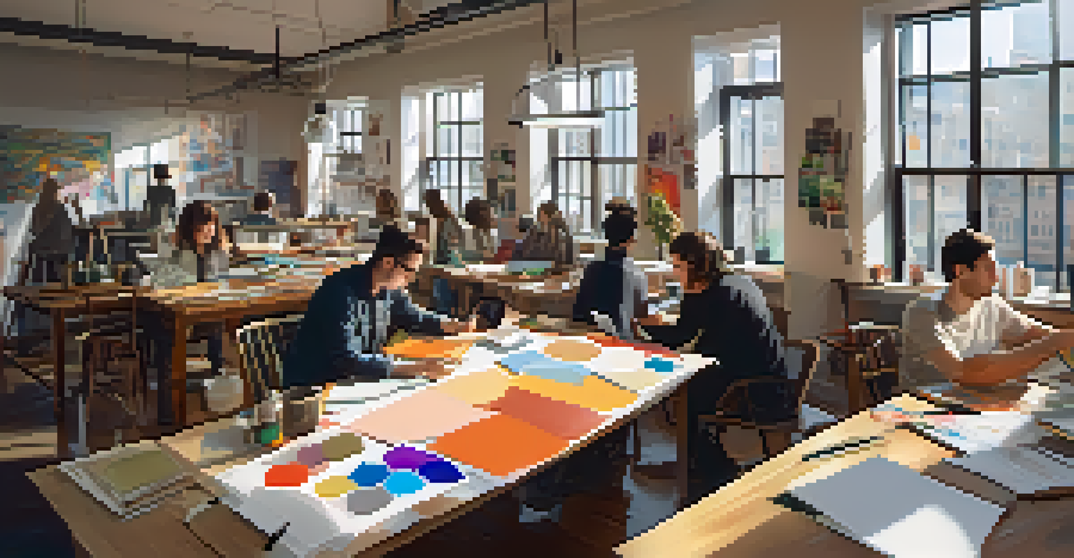 A workshop scene with emerging graphic designers working together, surrounded by design tools and natural light.