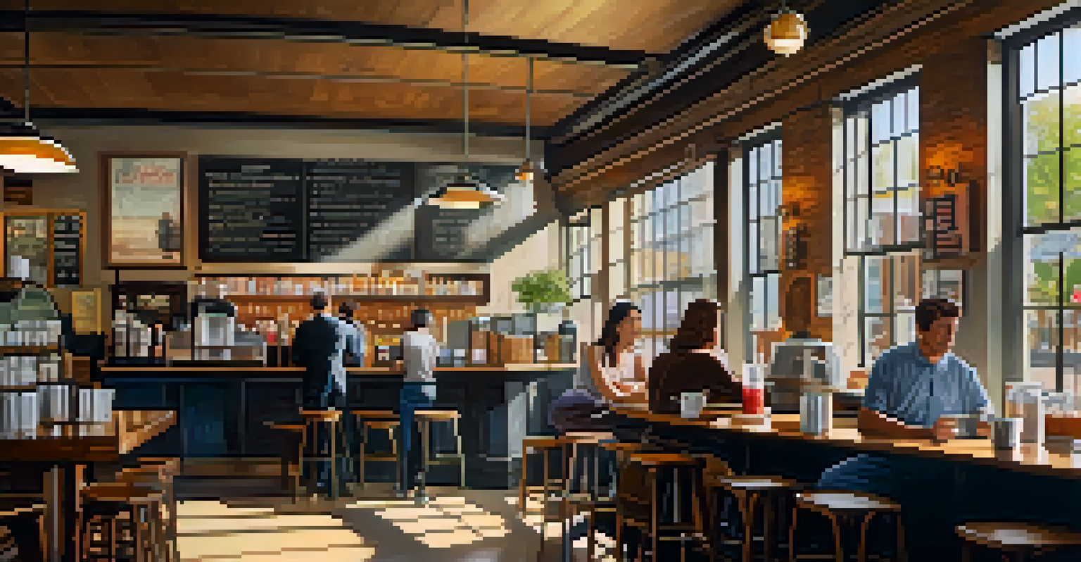 The interior of a cozy Detroit cafe with wooden furniture, bright artwork, and sunlight pouring in through large windows, filled with customers enjoying their time.