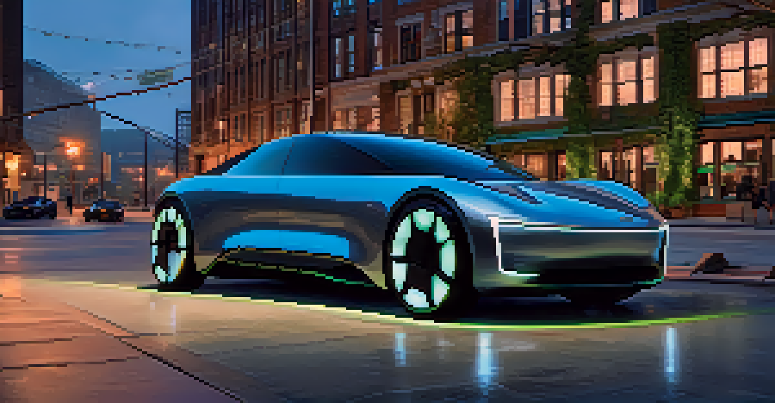 A close-up of a futuristic electric vehicle with Detroit's historic architecture in the background, showcasing sustainability.
