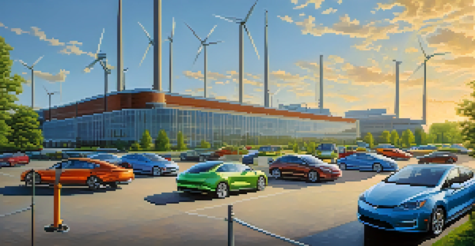A vibrant view of a sustainable automotive manufacturing plant in Detroit, featuring solar panels and electric vehicles.