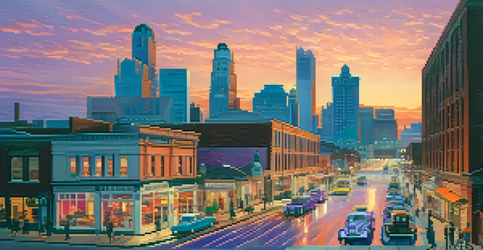 A sunset view of Detroit's skyline with a blend of historic and modern buildings, electric vehicles, and people on the street.