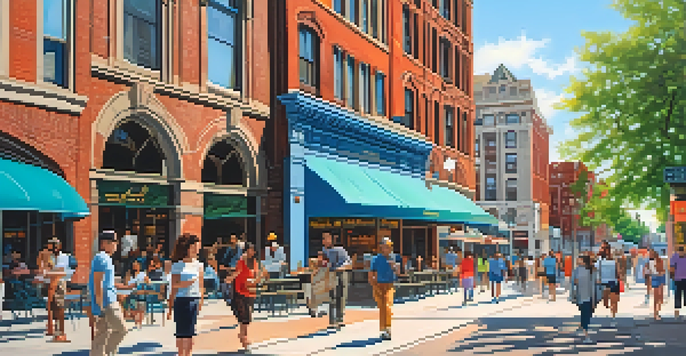 A lively urban street in downtown Detroit filled with people, modern and historic buildings, and green trees on a sunny day.