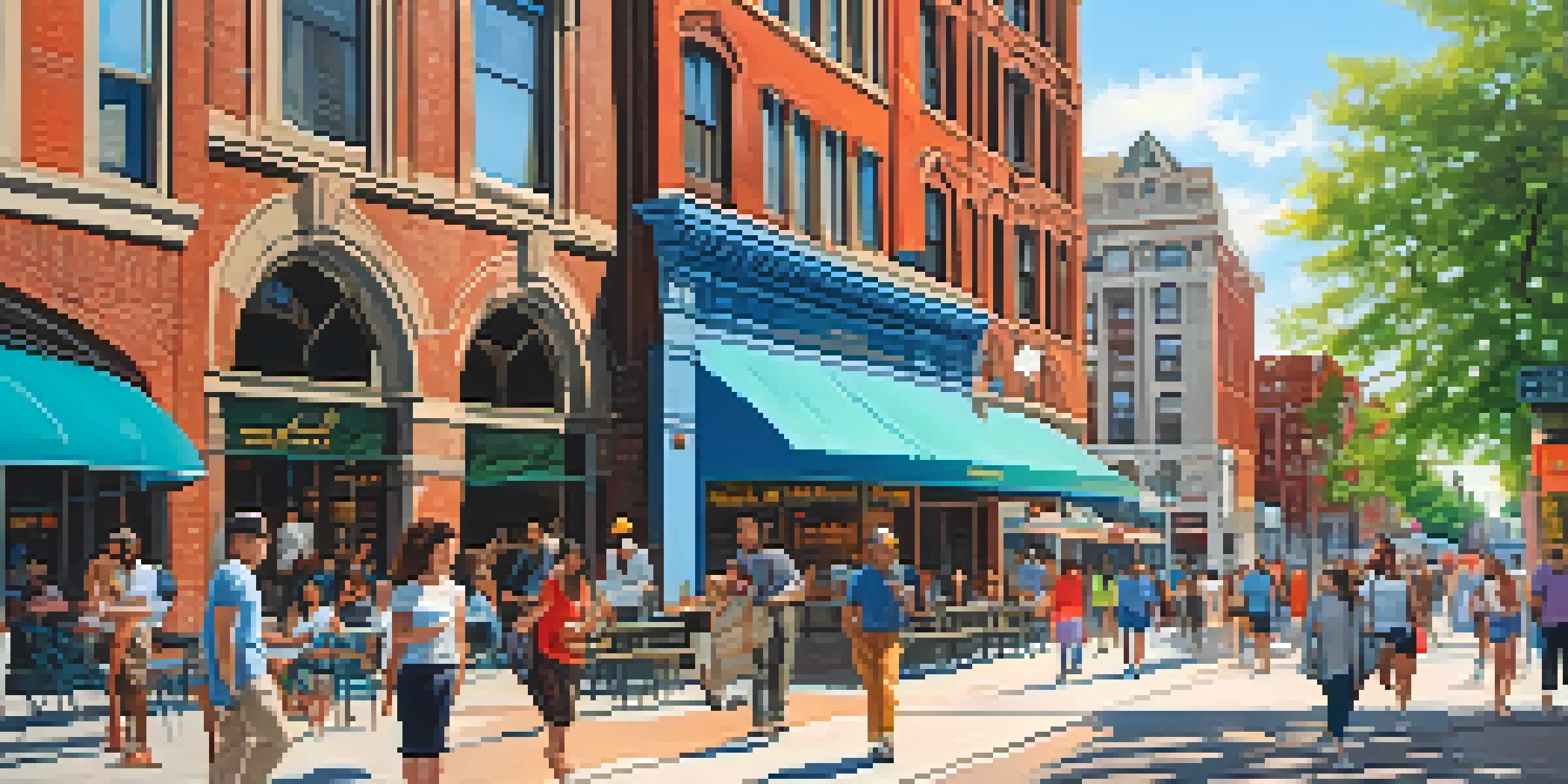 A lively urban street in downtown Detroit filled with people, modern and historic buildings, and green trees on a sunny day.