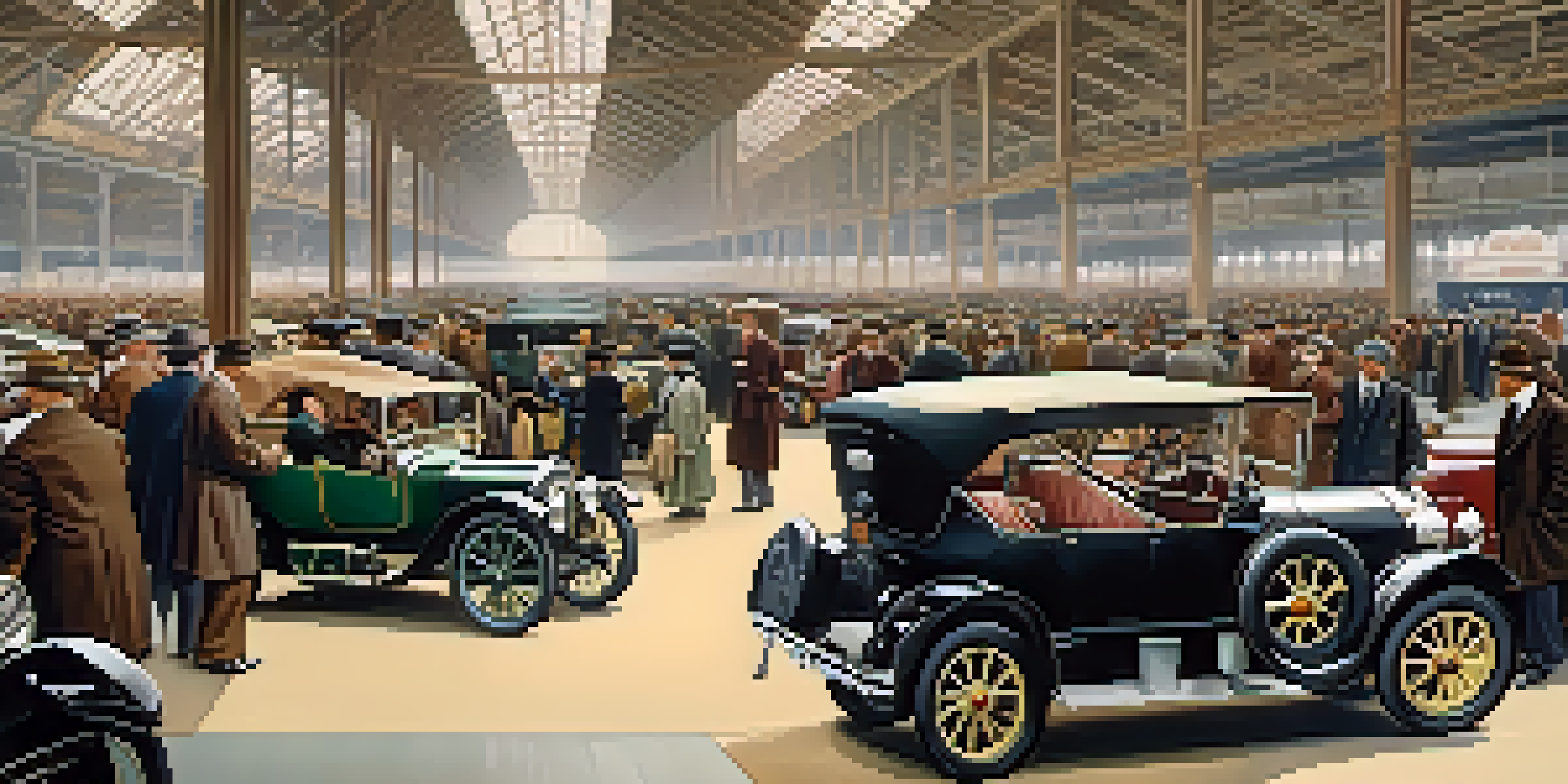 A historical scene depicting the first Detroit Auto Show in 1907, with vintage cars and attendees in early 20th-century clothing.