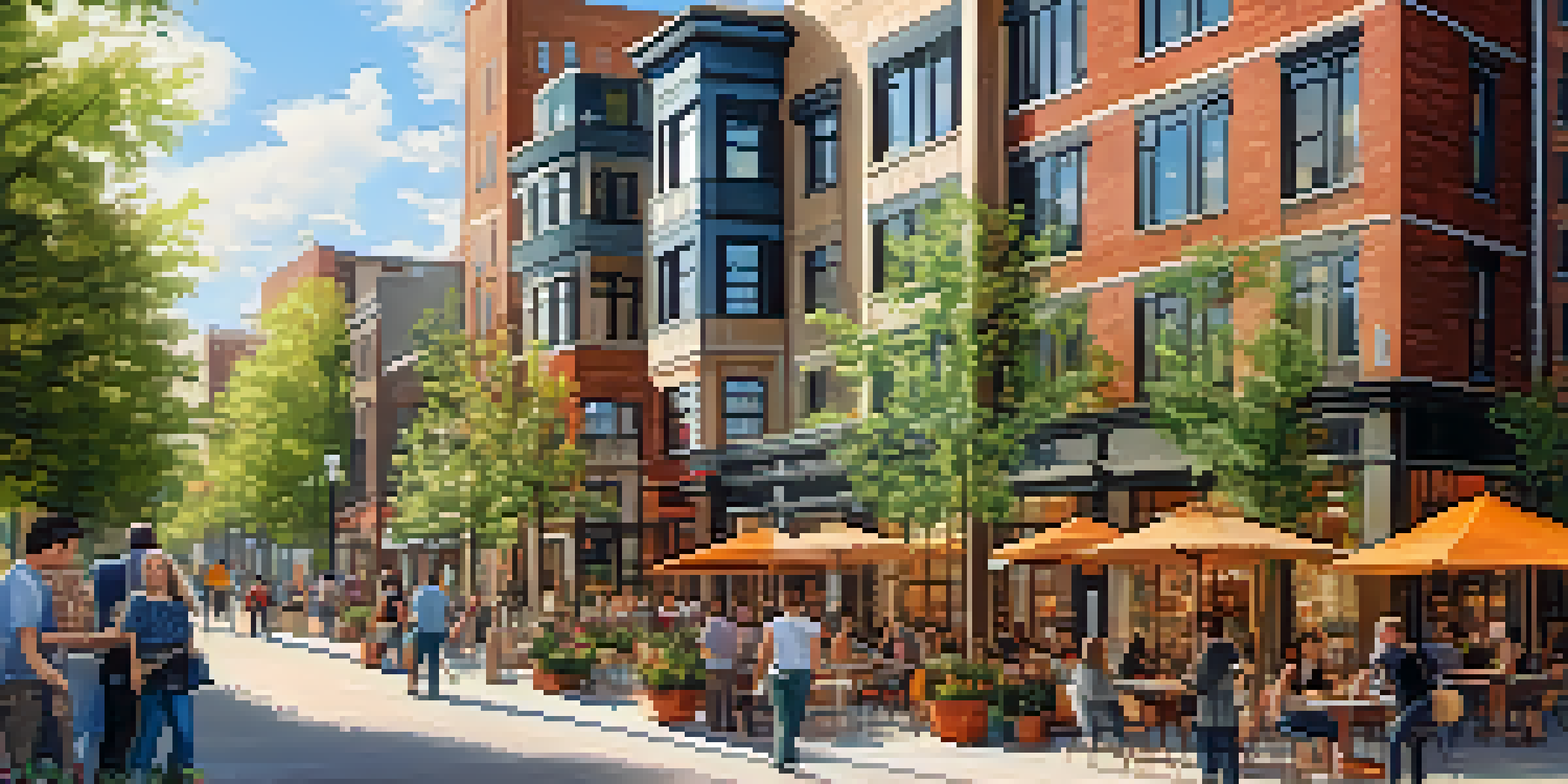 A lively mixed-use development in Detroit with modern buildings, cafes, and people enjoying the outdoor space under a clear sky.