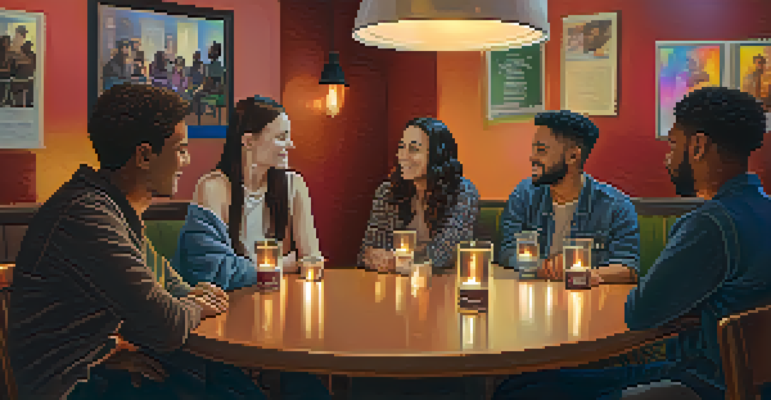 An intimate support group meeting in an LGBTQ+ bar, with participants seated in a circle, sharing experiences in a warmly lit environment.