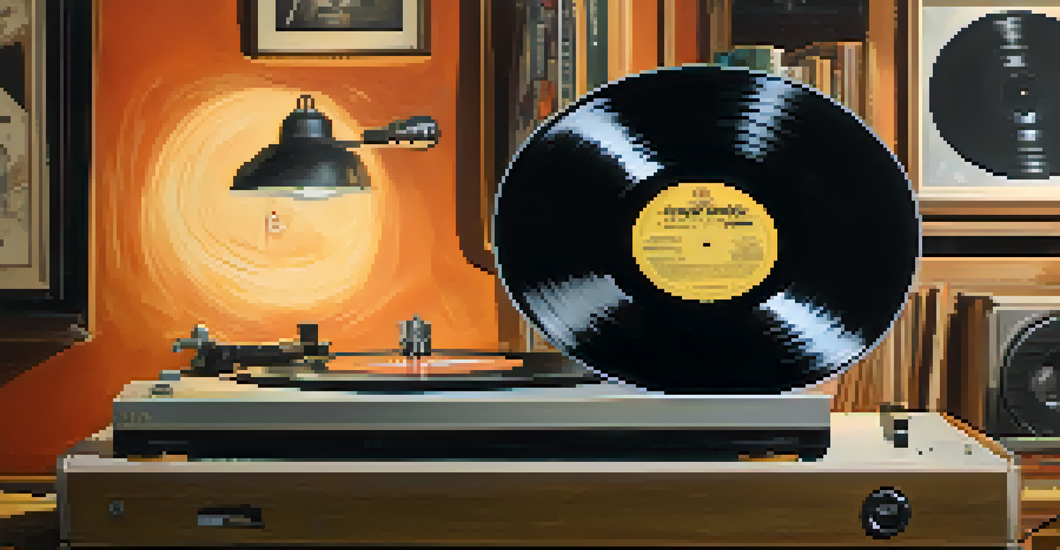 A close-up of a spinning vinyl record with iconic hip-hop album labels, surrounded by vintage music equipment in a warm, cozy light.