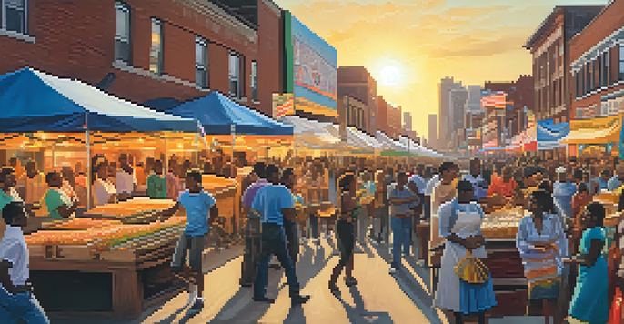 A lively street festival in Detroit celebrating African American culture, with people dancing and colorful banners.