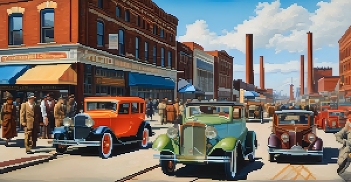 A historical street in Detroit during the early 20th century, with vintage cars and diverse people walking, set against a factory and skyline.