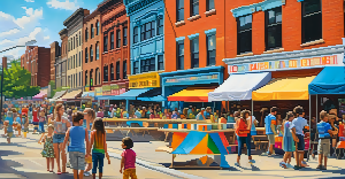 A lively street scene during an art festival in Detroit, with families engaging in art activities and colorful tents displaying local artists' works.