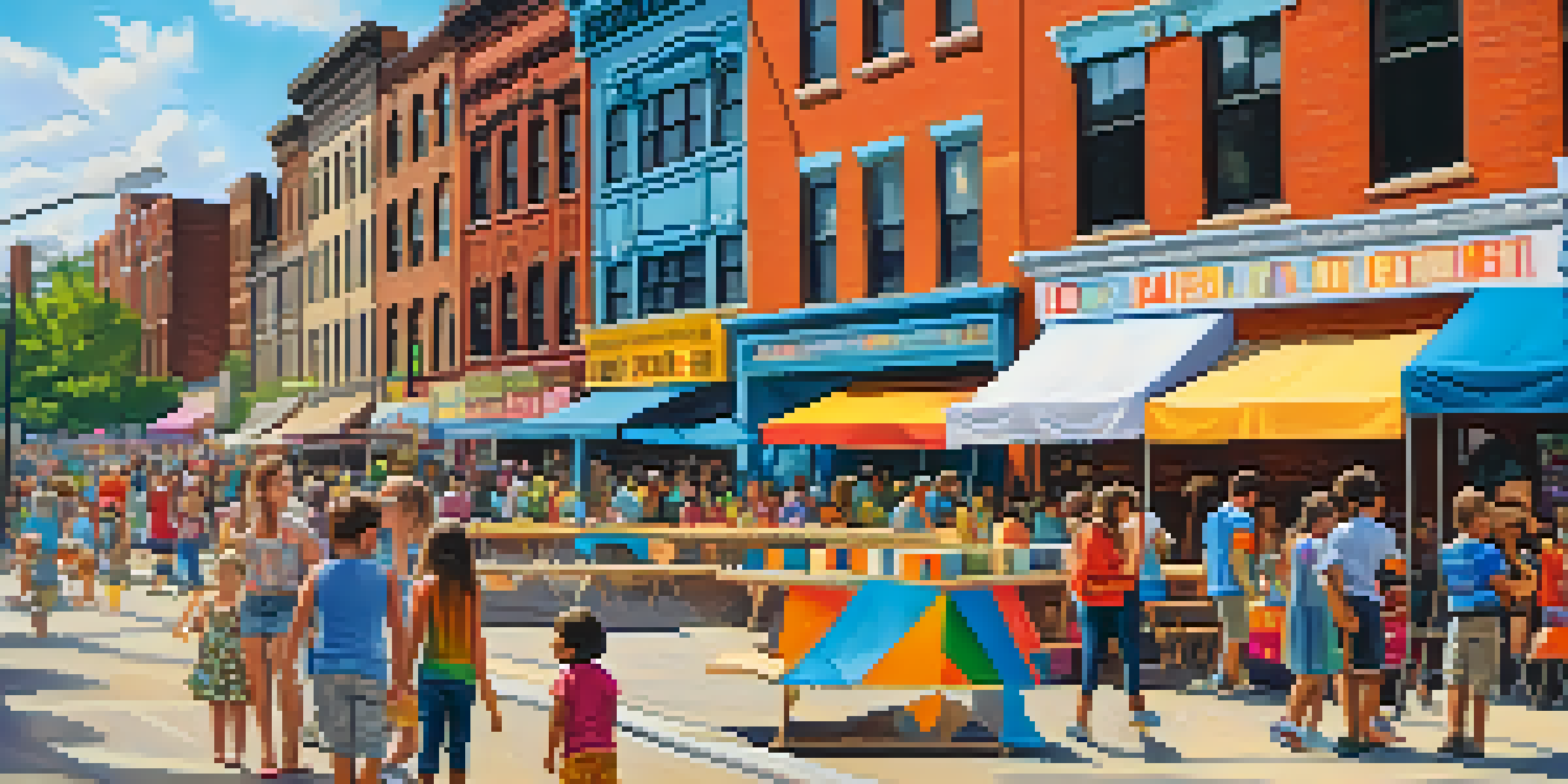A lively street scene during an art festival in Detroit, with families engaging in art activities and colorful tents displaying local artists' works.