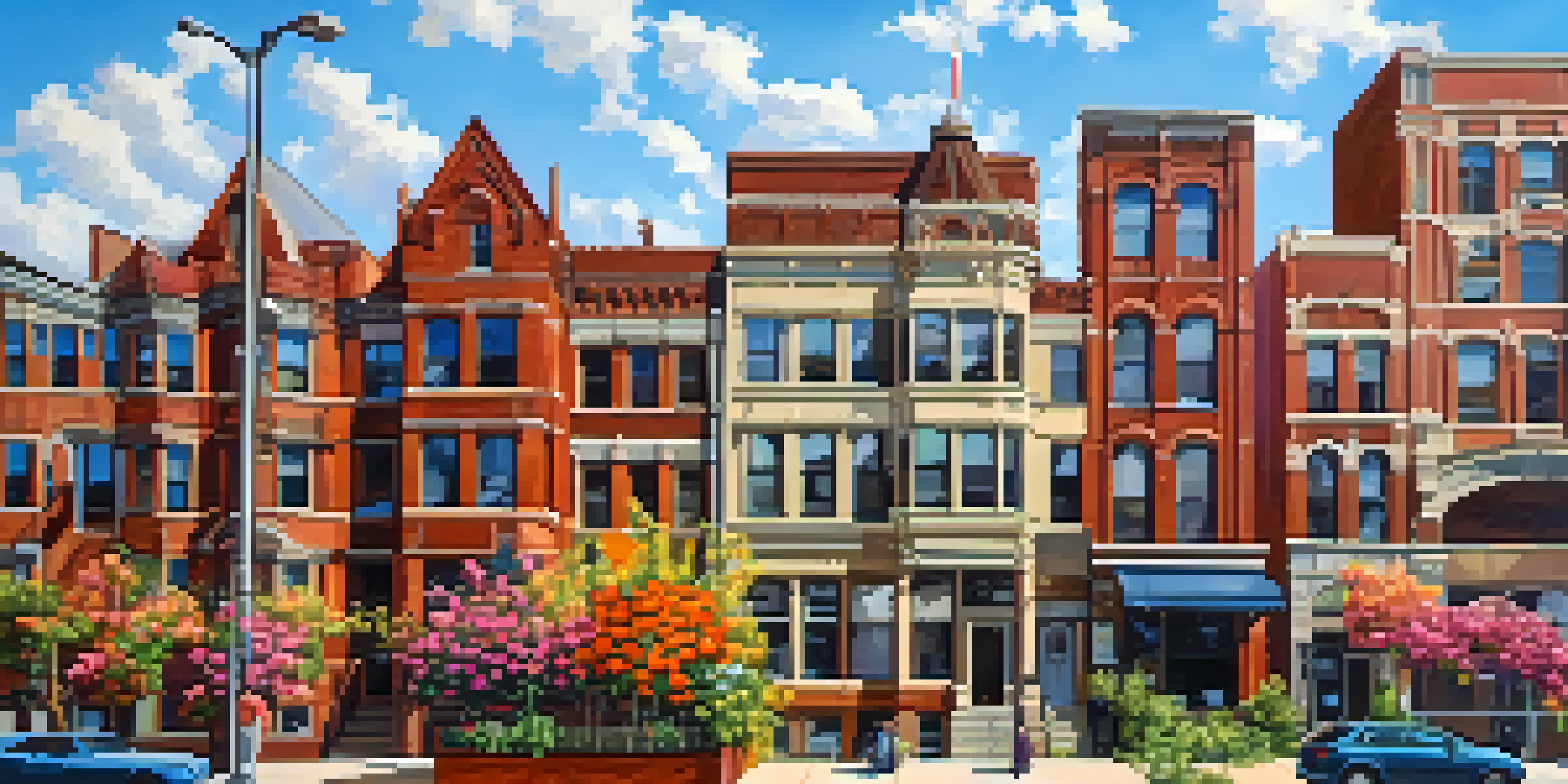 A blend of historic and modern buildings in Detroit, with flowers in window boxes and a clear blue sky.