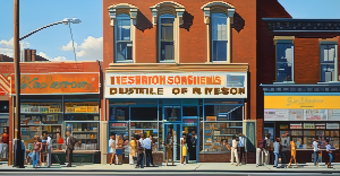 A lively record store in 1960s Detroit, filled with colorful vinyl records and diverse people browsing, illuminated by warm sunlight.