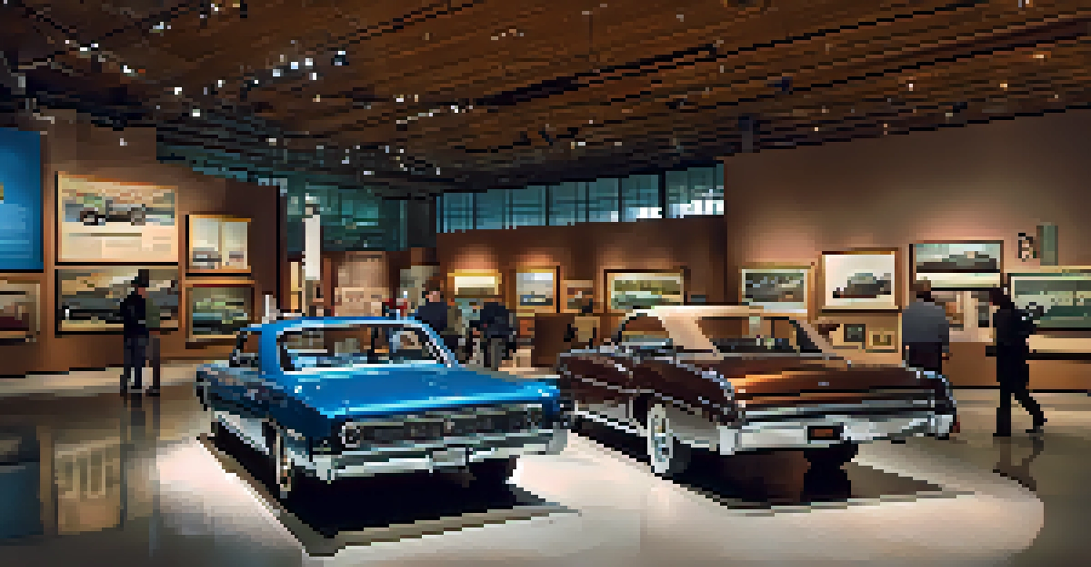 The interior of the Detroit Historical Museum featuring engaging exhibits on the city's automotive history, with visitors exploring the space.