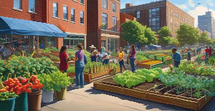 A colorful community garden with diverse people working together, surrounded by plants and a mural in the background.