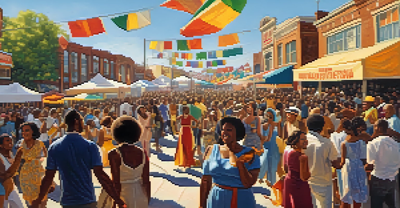 A vibrant street festival celebrating Motown music with live performances, diverse crowd, and colorful decorations.