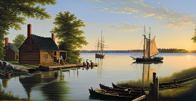 A historic scene of the Detroit River in the early 18th century, featuring a small settlement with wooden structures and settlers interacting with Indigenous tribes under a golden sunset.