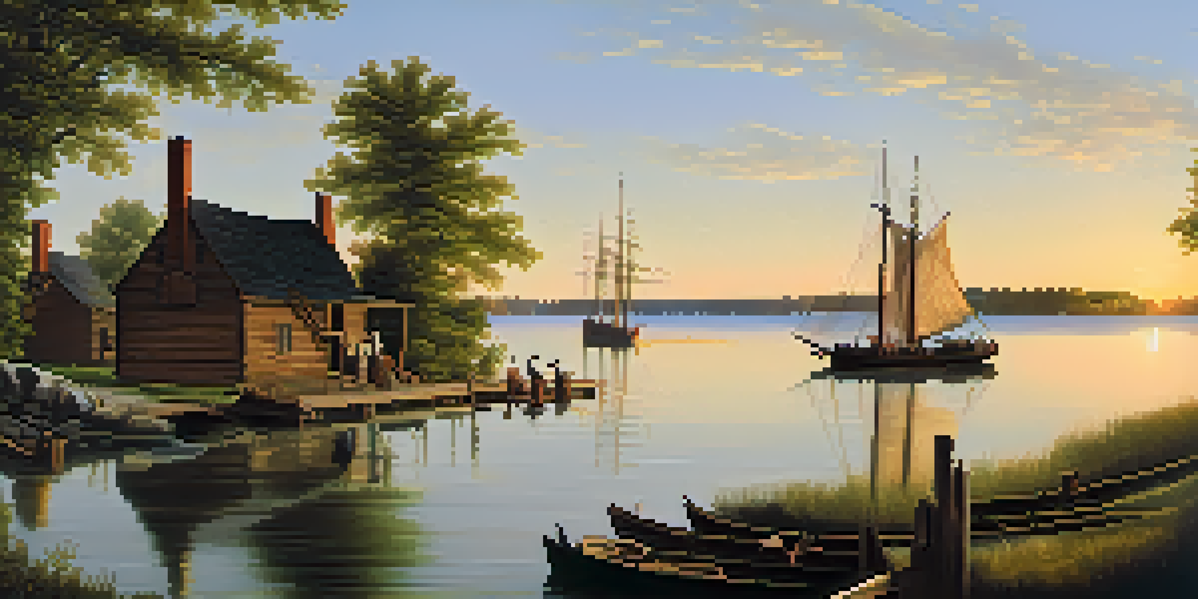 A historic scene of the Detroit River in the early 18th century, featuring a small settlement with wooden structures and settlers interacting with Indigenous tribes under a golden sunset.